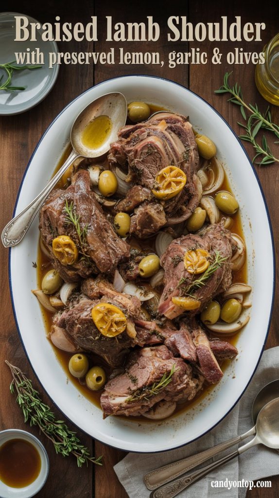 Braised Lamb Shoulder with Preserved Lemon, Garlic & Olives